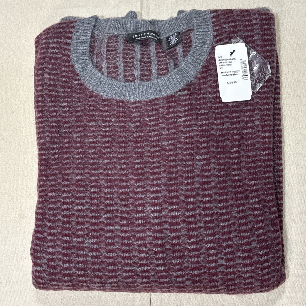 Saks Fifth Avenue Cashmere Sweater Mens XXL Dark Pinot Striped NWT